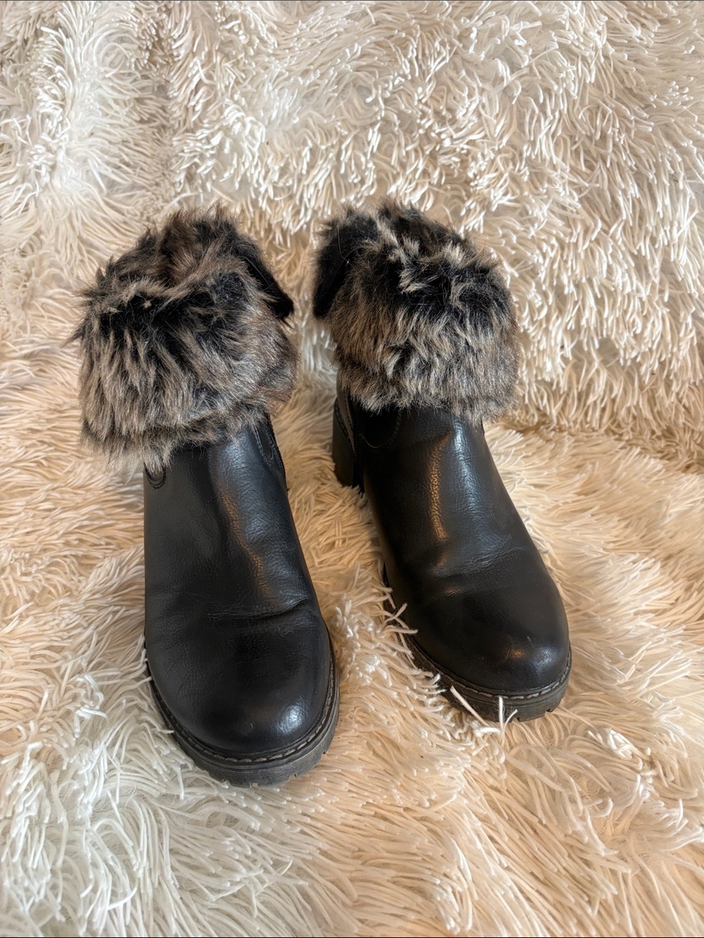 Black Faux Fur Cuff Ankle Heeled Boots